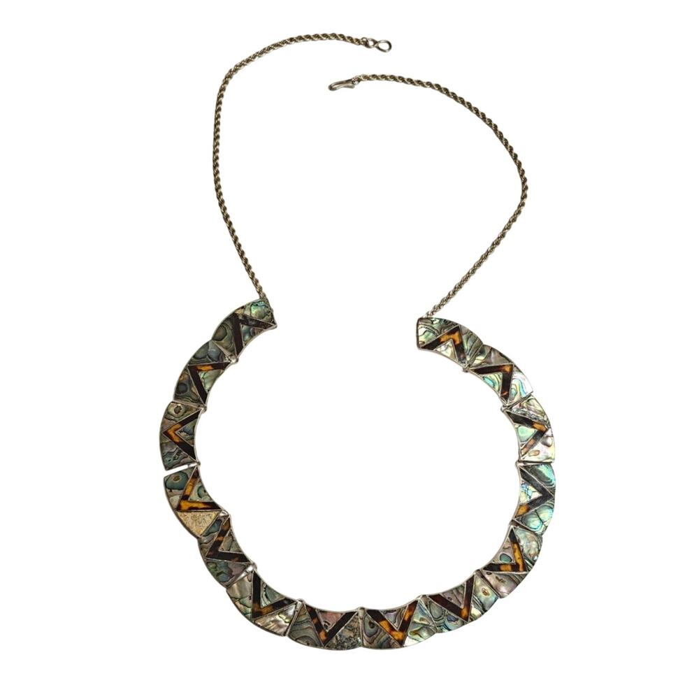 Massive Vintage LS Taxco Mexican Sterling Silver Abalone Statement Necklace